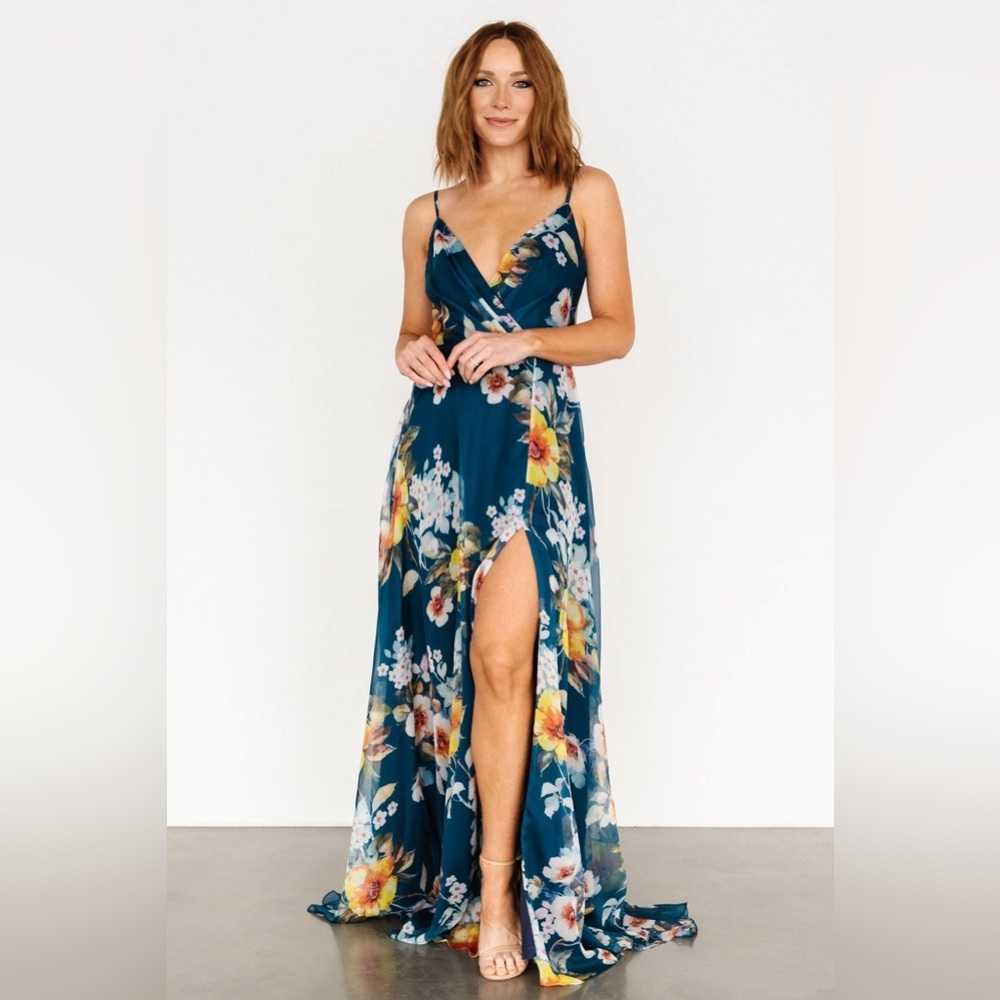 Floral Teal Maxi Dress with Side Slit